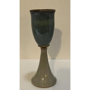 Signed Art Pottery Goblet Vase 8.5" Tall Green Taupe Glaze